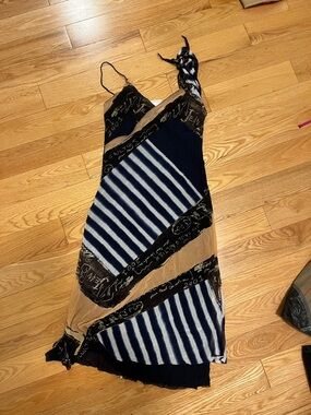 Jean Paul Gaultier Navy, Tan & White Striped Maxi Slip Dress